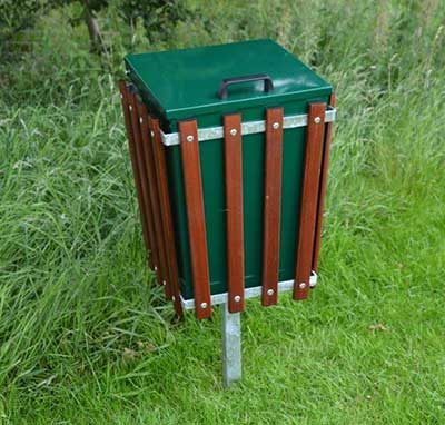 Wooden Slatted Rectangular Litter Bin With Lid and Centre Leg